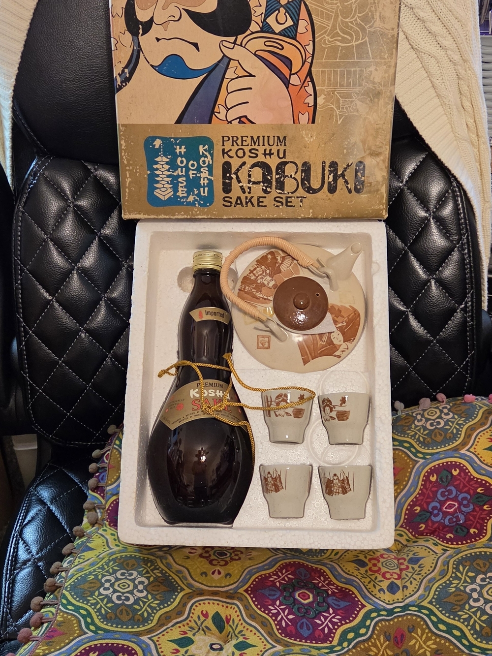 Premium Sake Set with Brown Bottle and Cream Ceramic Tokkuri & Cups